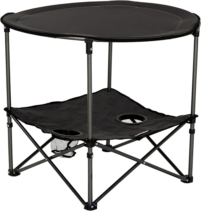 Lippert Dark Grey Two-Tier Folding Camping Table with Dual Cupholders 600D Polyester Fabric Powder-Coated Steel Frame Foldable Design Lightweight Construction Zippered Carry Bag - 2023053720