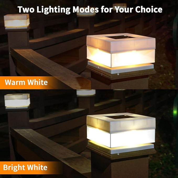 Solar Post Cap Lights50 Lumem Brightness2 Modes Warm White/Bright White Outdoor Fence Post Cap Light Garden Decor Lithium Battery Powered Lighting Fits for 4x4 5x5 Wooden Posts 4x4 5x5 Vinyl Posts