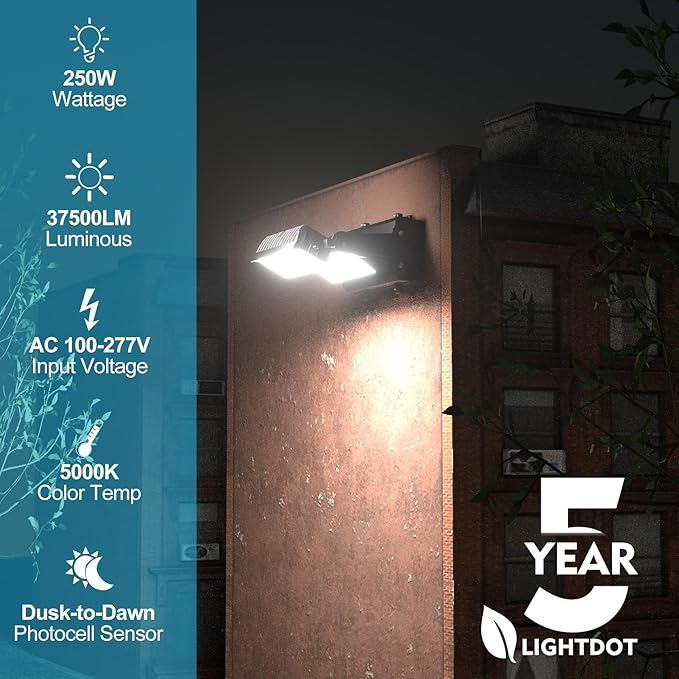 Lightdot 4Pack 250W LED Wall Pack Lights 360° Adjustable Panel with Dusk to Dawn Photocell 37500Lm 5000K IP65 Waterproof &amp Advanced Heat Dissipation Outdoor Security Lighting(Height:20~35ft)