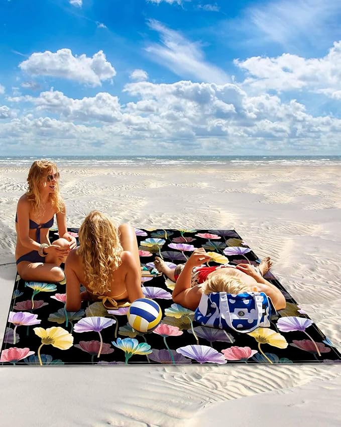 Beach Blanket Waterproof Sandproof Spring Watercolors Flowers Quick Drying Beach Mat with 4 Stakes Fields Floral Art Lightweight Picnic Blanket for Travel Camping Outdoor 83x79