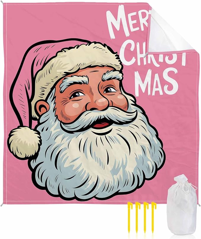 Beach Blanket Waterproof Sandproof Oversized Merry Christmas Words on Pink Beach Mat with Corner Stakes Sand Pockets Funny Santa Claus Outdoor Picnic Mat for Travel Camping Hiking 118x108In