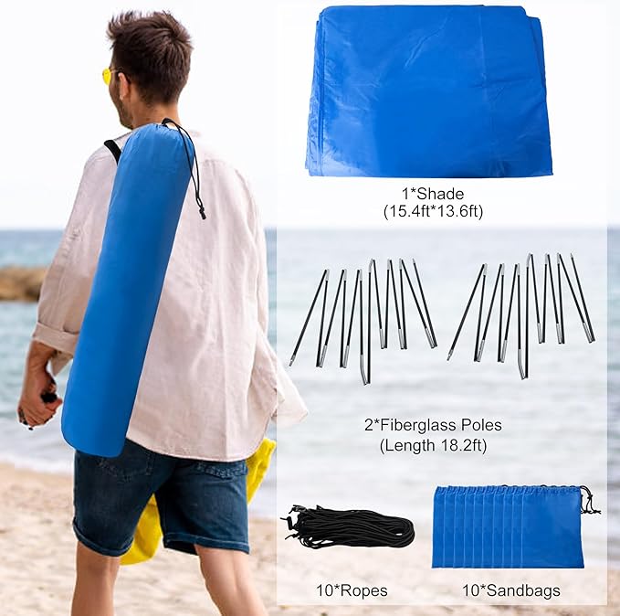 Beach Shade 200 Sq. Ft Beach Canopy for 4-8 People Portable Sun Shelter with UV Protection Lightweight &amp Easy Setup for Family Outdoor Activities (Blue)