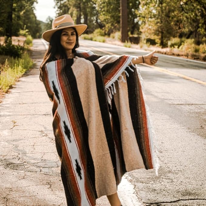 Open Road Goods Tan/Khaki Mexican Yoga Blanket - Thick Diamond Serape with Orange and Brown Stripes