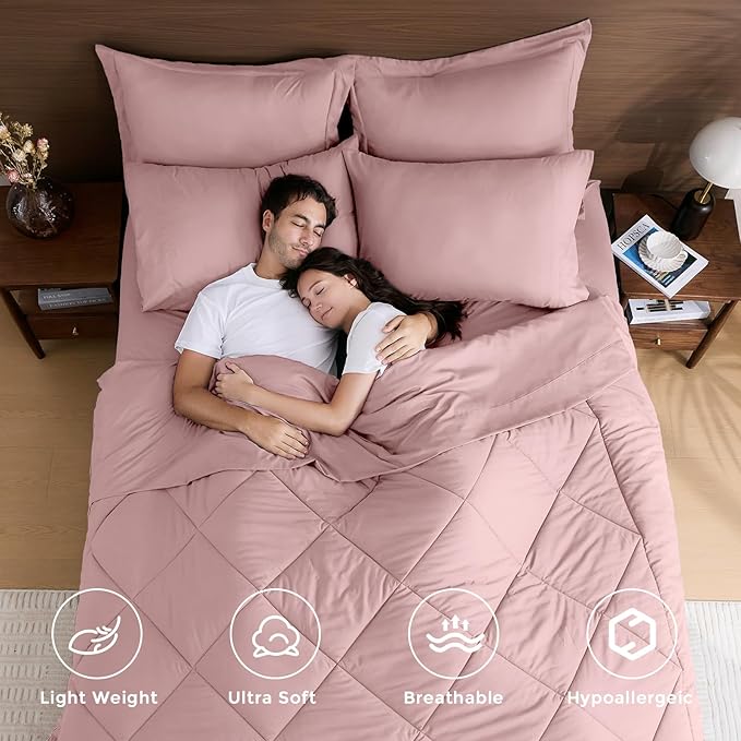 HEVUMYI Dusty Pink Cali-King Comforter Set - 7-Piece All Season Bed in a Bag Cali-King Ultra Soft Bedding Set with Comforter Flat Sheet Fitted Sheet Pillowcases Pillow Shams