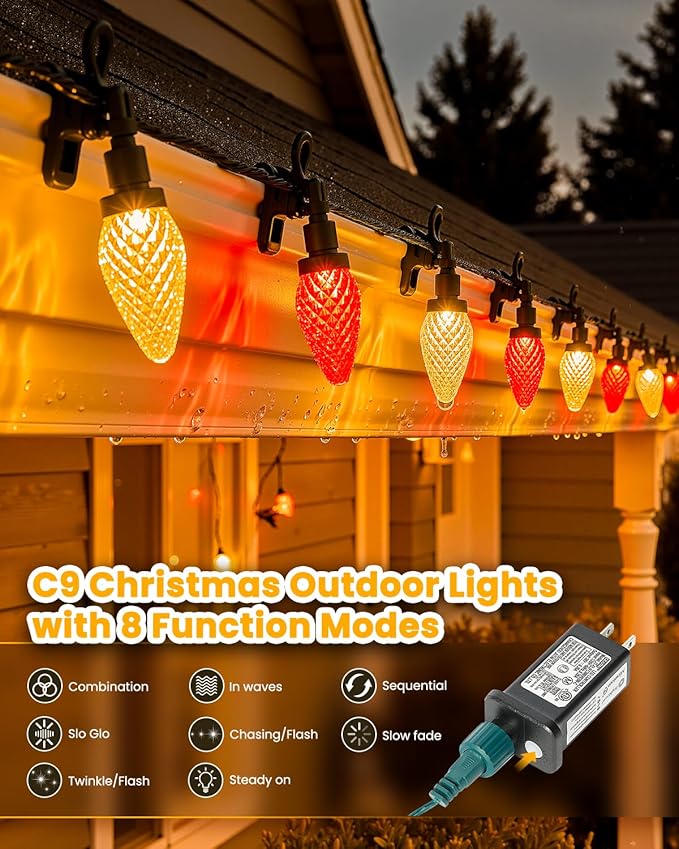 Minetom C9 Christmas Lights Outdoor 88FT 110LED String Lights with 8 Mode Waterproof Connectable UL Certified C9 Christmas Decorations for Indoor Outdoor Patio Roofline Decor Red＆Warm White