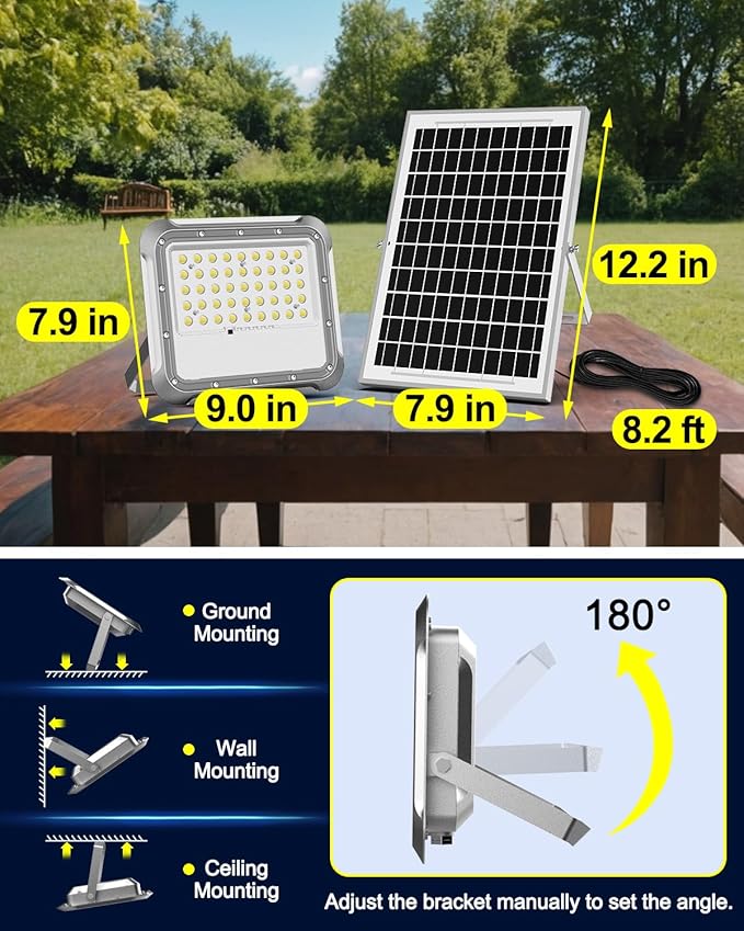 Outdoor Solar LED Flood Lights: Waterproof Security Patio Lights with Remote Control 6500K Bright Illumination Dawn to Dusk Lighting for Fence Yard Backyard Wall House