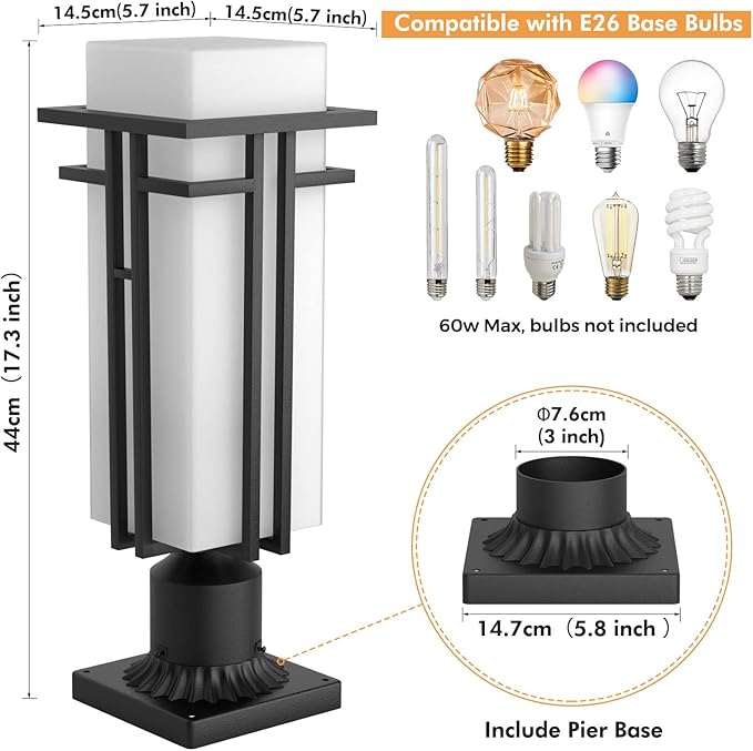 Outdoor Post Light Fixture - Aluminum Lamp Posts Outdoor Lighting Outdoor Lightpost Lantern with 3-Inch Pier Mount Base Outside Pole Lighting for Porch Garnden (17.3''H 1 pc)
