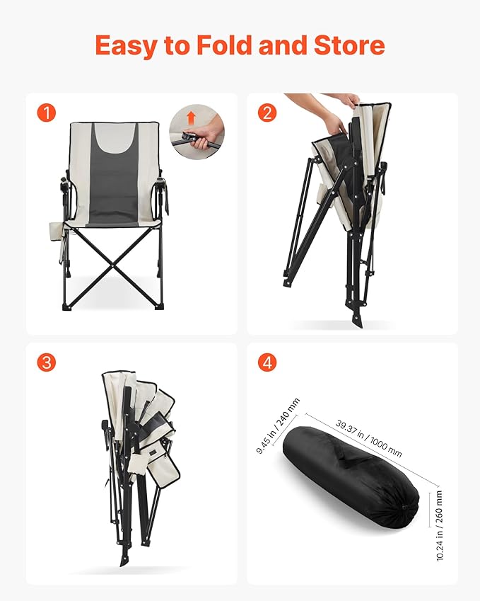 VEVOR Heated Camping Chair 3 Heat Settings High Back Folding Camping Chair Supports 260lbs Full Padded Beach Chairs with Armrest &amp Cupholder Portable Lawn Chairs for Outdoor Sports Travel