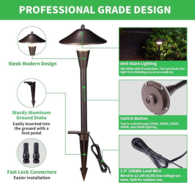 Pathway Landscaping Lighting Low Voltage 5cct Modes Garden Path Light LED 12V Outdoor Waterproof Sidewalk Lights 5W 200LM Oil Rubbed Bronze Aluminum for Outside Walkways Yard (12 Pack)