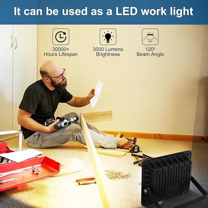LED Flood Light Outdoor30W LED Work Light with ON/Off Switch Plug in Security Lights IP66 Waterproof 6500K 2Pack Portable Exteriores Floodlights for Yard Garage Stadium Garden Patio