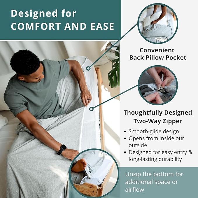 Soft Cotton Sleeping Bag Liner – 100% Organic Jersey Cotton Travel Sheet with Full Zipper Lightweight Camping Sheet for Hotel &amp Travel Single or Double Convertible Stretchy Sleep Sack for Adults