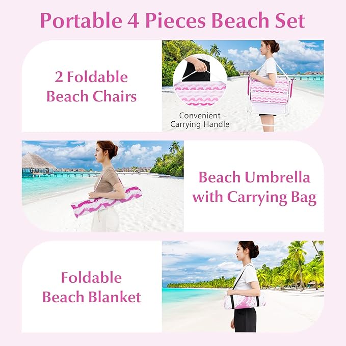 Tangkula 4 Pieces Beach Chair Set 2 Backpack Beach Chairs with Umbrella &amp Blanket Cup Holder &amp Armrests UPF50+ Folding Beach Umbrella with Tilt Adjustment Carrying Bag &amp Sand Anchor (P