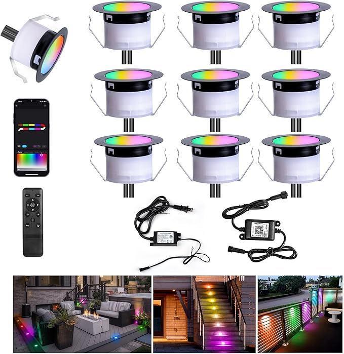 FVTLED Recessed LED Deck Lights Kit Φ1.77 Low Voltage WiFi Pixel RGBW+IC Deck Lighting Work with Alexa/Google Home IP67 Waterproof Outdoor Step Lights DC12V for GardenStepsStair(10 Pack Black)