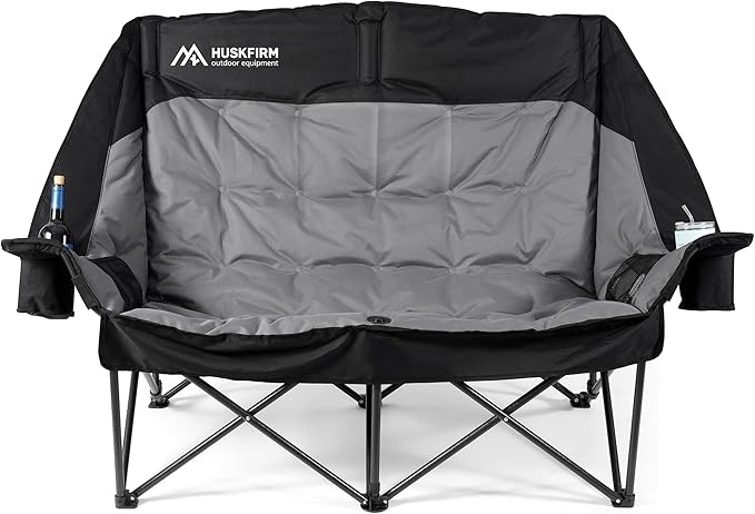 High Back Double Camping Chair 2 Person Camping Chair Low Seat Loveseat Camping Chair Fully Padded Oversized Camping Couch for Adults - Supports 650 LBS with Cup Holders Carry Bag - Black