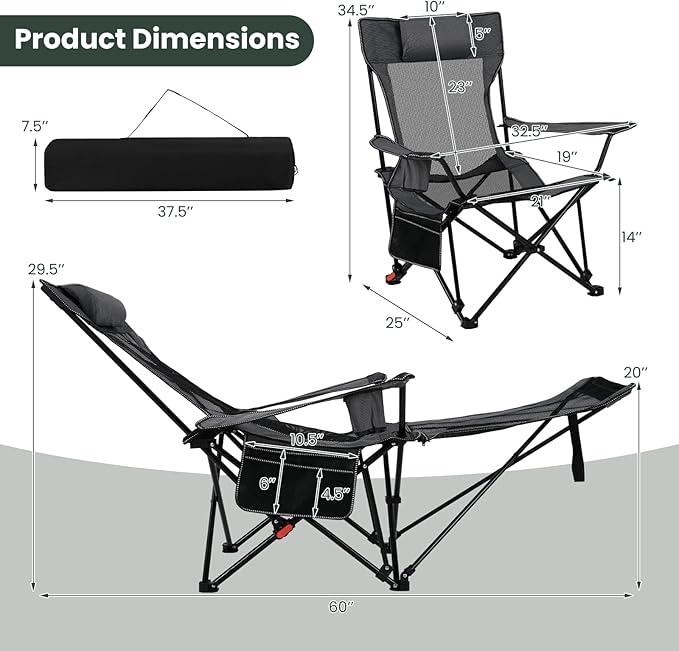 Tangkula Reclining Camping Chair 2 in 1 Porable Folding Lawn Chair with Removable Footrest 4-Position Adjustable Backrest Cup Holder &amp Side Pocket Carry Bag (1Gray)