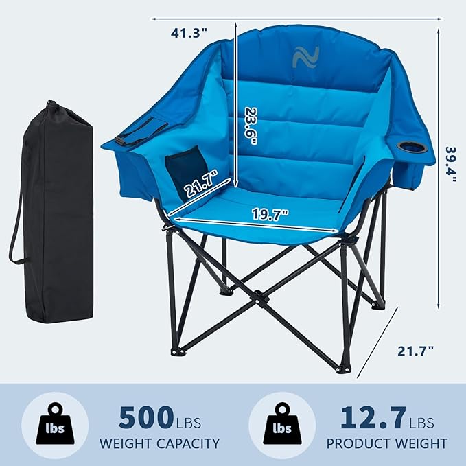 NAIZEA Padded Camping Chairs with Cooler Bag Folding Camping Chair for Adults Outdoor Heavy Duty Heated Lawn Chair for Camp Garden Firepits Patio &amp More