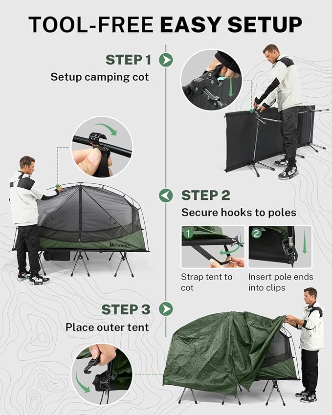 Gonex Camping Tent Cot for Adults 1-Person Off-Ground Folding Portable Easy Set-up Tent Cot Combo for Hiking Backpacking Car &amp Motorcycle Camping(31.5 W X 78.7 L)-Army Green