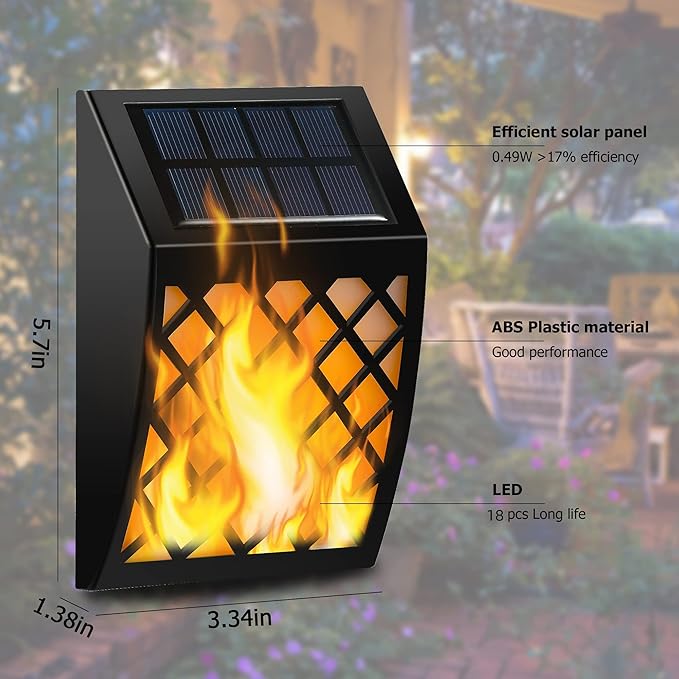 Dynaming Solar Flame Wall Lights Outdoor 8 Pack Solar Powered Wall Lights Flickering Flame Auto On/Off Wall Mounted Fence Deck Lights Lattice Decorative for Garage Garden Pathway Patio Porch Yard