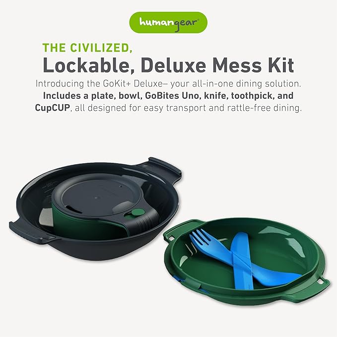 humangear GoKit+ Deluxe - 8-Tool Personal Mess Kit Lightweight Camping Dish Set Backpacking Utensils Dual-Mode Insulated Cup Snap-Together Bowl &amp Plate System with Knife &amp cupCUP