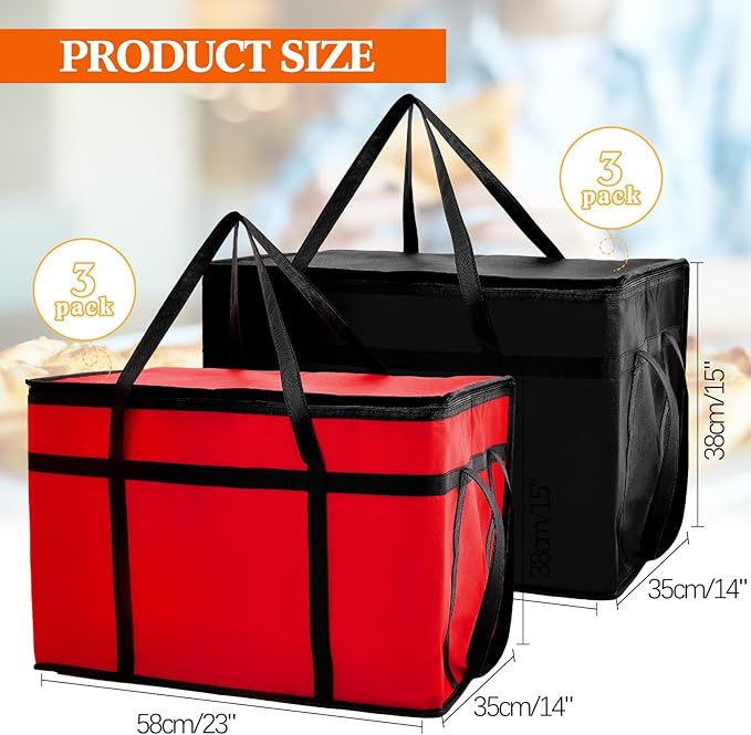 Maxcheck 6 Pcs Insulated Bags for Food Delivery XXXL Large Capacity Hot Grocery Tote Bag Reusable Warming Pizza Catering Carrier for Commercial Travel Lunch Shopping Gifts (Red and Black)