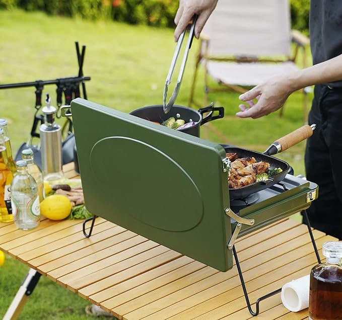 ONLYFIRE OUTDOOR LIVING Portable Camping Gas Stove 2-Burner Propane Camp Stove with Foldable Legs Heavy-Duty Latch &amp Handle for Patio Cooking Camping Tailgating RV BBQ Green GS331