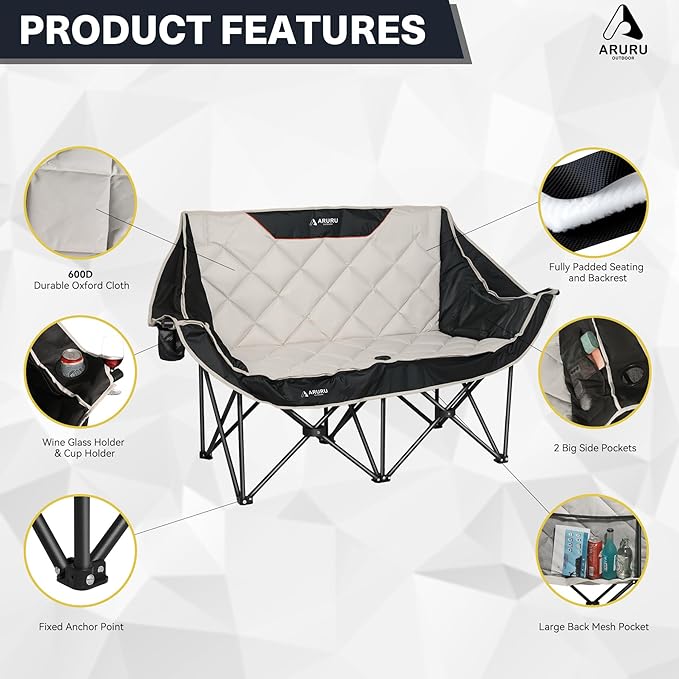 Double Camping Chair Padded Oversized Camping Loveseat for Adults 2 Person Couch Two Seat Support 600LBS Heavy Duty Folding Camp Lawns Chairs for Outdoor Beach Backyard Tailgating Sports