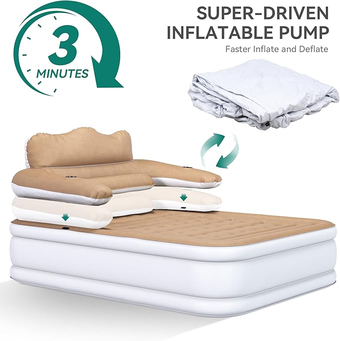 YITAHOME FullXL Size Air Mattress with Headboard 18in Inflatable with Pillow Blow Up Mattress with Removable Electric Pump Comfort Air Bed Queen for Camping &amp Home Brown