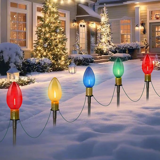 Abeja 2 Pack 7Ft C9 Outdoor Pathway Lights Outdoor Christmas Pathway Markers Stakes Lights with 8 Jumbo C9 Multicolor LED Bulbs Connectable Christmas Yard Decoration for Driveways Garden Holiday