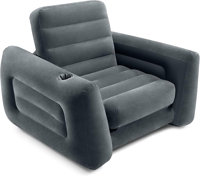Intex 2 in 1 Inflatable Pull Out Sofa Chair and Twin Air Bed Mattress with Cup Holders for Indoor and Outdoor Use for Adults (3 Pack) Charcoal