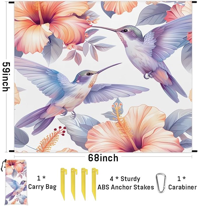 Waterproof Sandproof Beach Blanket 59''×68'' Bird-Hummingbird Polyester Outdoor Picnic Blanket with 4 Stakes &amp Storage Bag for BeachCampingVacation Purple