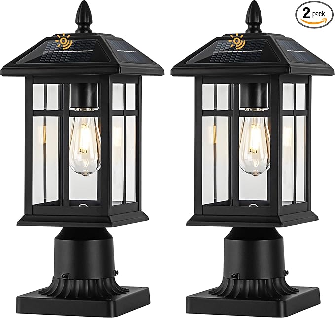 Solar Post Lights 2 Packs Waterproof Post Lantern with Pier Mount Base Aluminum Post Lamp Warm White Bulb Included for Yard Garden Pillar Pole Pathway