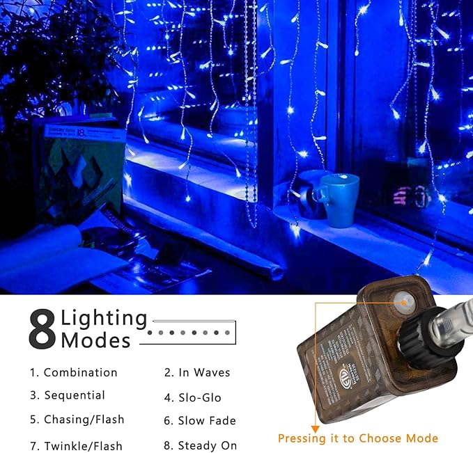 Brizled Blue Icicle Lights 29ft 360 LED Christmas Icicle Lights with Remote 8 Modes Christmas Roof Light with 60 Drops Connectable Xmas Eave Light Outdoor Drop Lighting for Xmas Wedding Holiday
