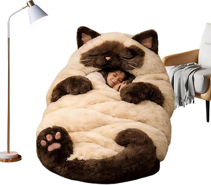 Plush Cat Print Envelope Sleeping Bag | 175x80cm Indoor Wearable Cat Sleeping Bags for Adult | Cute Animal Shaped Blanket| Winter Plush Sleep Sack