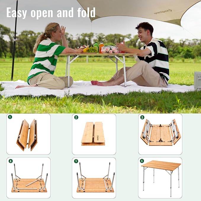 KingCamp Adjustable Height Folding Table 4-Fold Bamboo Camping Outdoor Portable RV Camp Table with Carry Bag for Outdoor Car Backyard Picnic Tailgating Beach