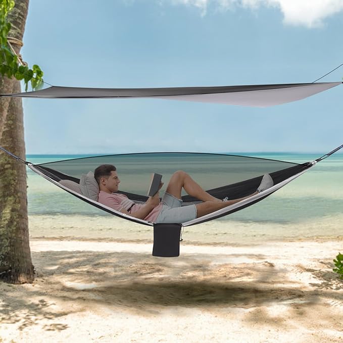 HammocksCamping Hammock with Mosquito Net and Rain Fly Tarp200kg Load CapacityLightweight Portable Hammock for BackpackingHikingand Travel-Black/Grey