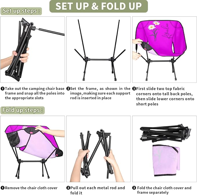 Personalized Camping Chair with Name &amp Birth Flower Custom Portable Backpacking Chair for Women Customized Lightweight Folding Compact Hiking Camp Chairs Gifts