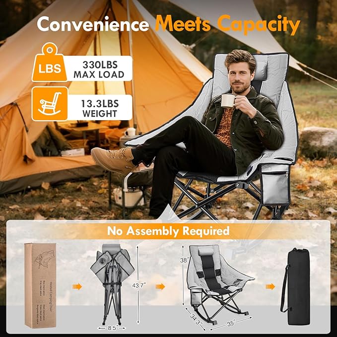 Slendor Oversized Heated Camping Chair with 2000mAh Battery Padded &amp Pillow Heated Rocking Chair 3 Adjustable Heat Settings Camping Rocker Chair for Easy Setup and Foldable Storage