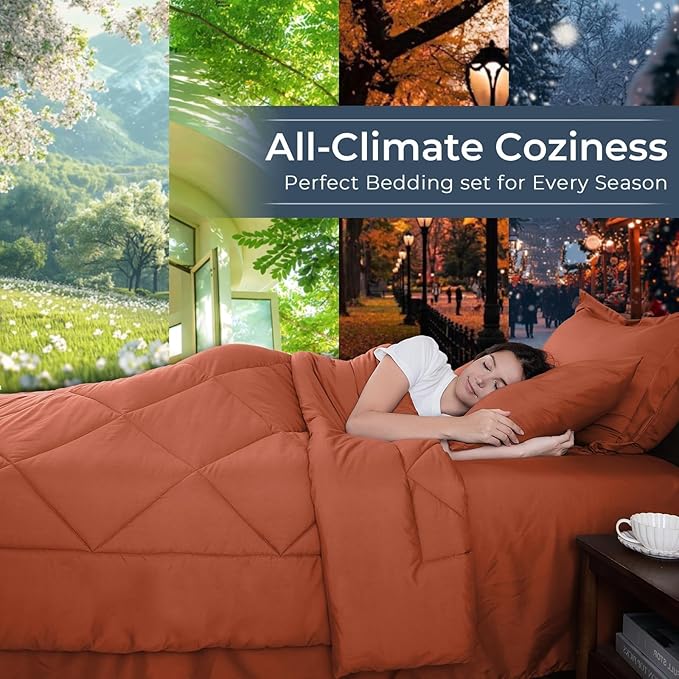 HEVUMYI Burnt Orange Twin-XL Comforter Set - 5-Piece All Season Bed in a Bag Twin-XL Ultra Soft Bedding Set with Comforter Flat Sheet Fitted Sheet Pillowcases Pillow Shams
