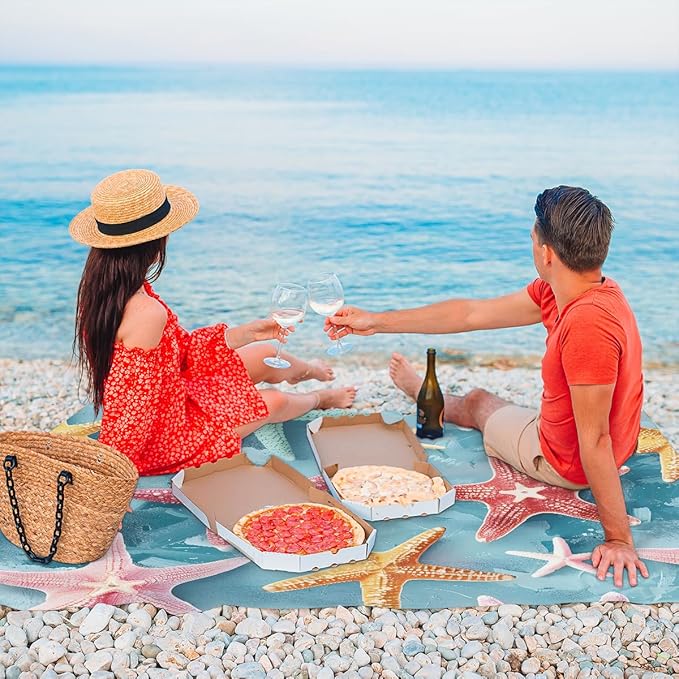Waterproof Sandproof Beach Blanket 59''×68'' Starfish Polyester Outdoor Picnic Blanket with 4 Stakes &amp Storage Bag for BeachCampingVacation Red