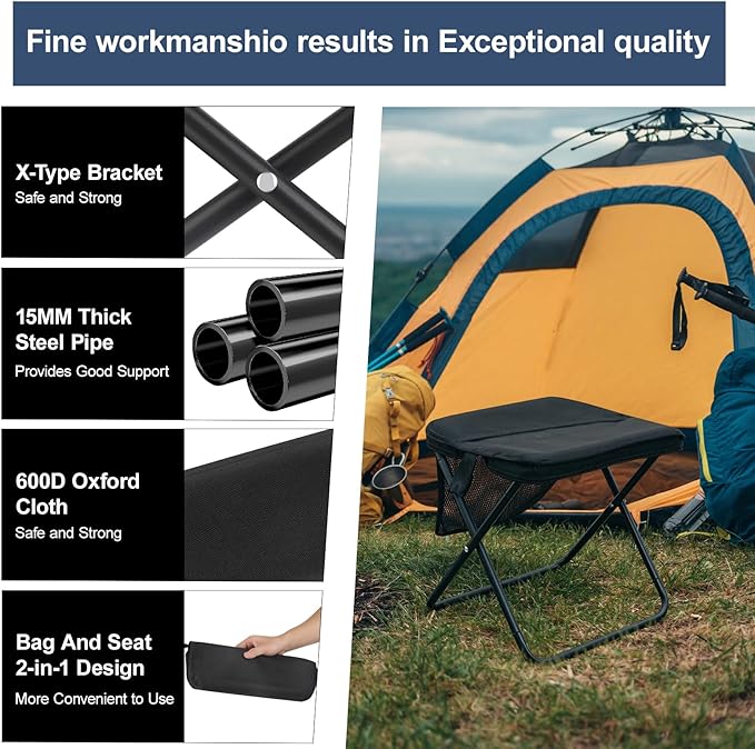 Portable Folding Chair and Camp Stool - Portable Stool with Carry Bag 13 Inch Foldable Backpack Chair Mini Easy Carry Outdoor Chair Supports 260lbs for Camping Hiking Fishing (Black)