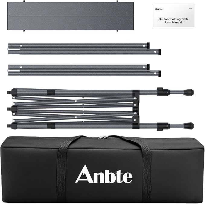 Anbte 34.2” Tall Camping Table Foldable 2 Adjustable Height Large Roll Up Camping Table Support 264lbs with Storage Basket and Bag Waterproof for Travel BBQ Outdoor Patio 39.4” x 19.7” Black