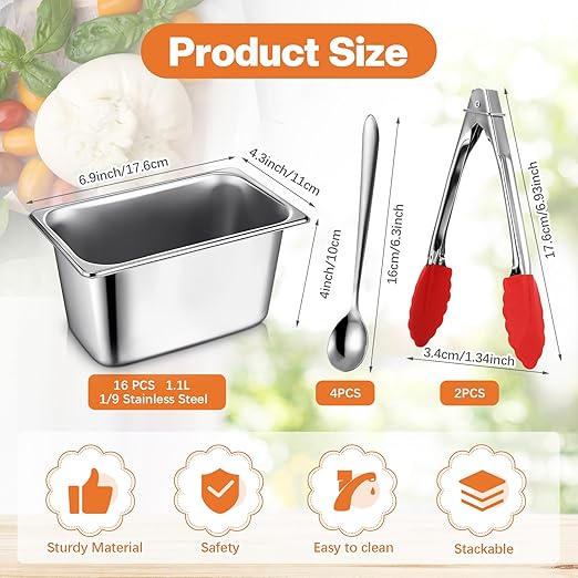 Rtteri 22 Pcs 1/9 Size 4 Inch Deep Stainless Steel Hotel Pans Set: 16 Metal Buffet Steam Table Pans with 2 Tongs &amp 4 Spoons – Stackable &amp Anti Jam Commercial Restaurant Catering Kitchen Food