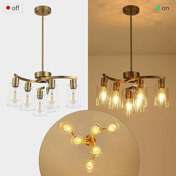 6 Light Gold Dining Room Light FixtureModern Farmhouse Kitchen Chandeliers Over TableAdjustable Height Hanging Pendant Lighting for Kitchen Island with Glass Shade