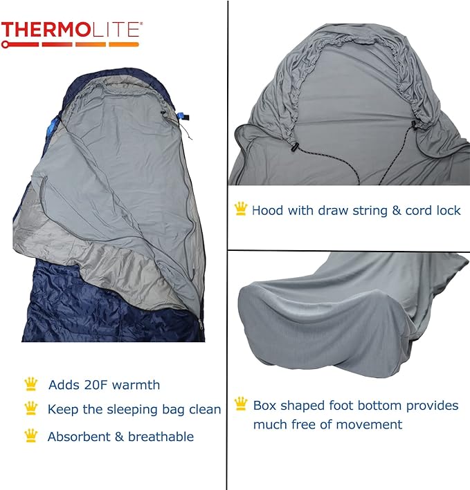 BROWINT Thermolite Sleeping Bag Liner with Zippers for Cold Weather Lightweight Mummy with Hood &amp Rectangular Sleep Sack for Adult Adds Warmth Thermal Travel Liner All Season