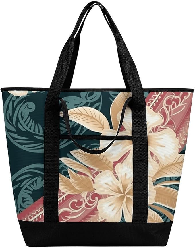 Insulated Shopping BagLarge Reusable Cooler Bags Elegant Hawaiian Pattern Printed Foldable Shopping BagTravel Waterproof Shoulder Bag