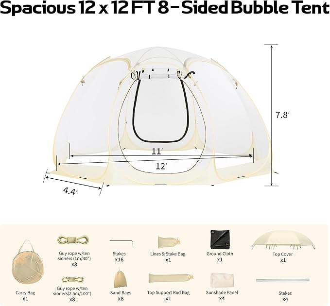 Pop Up Bubble Tent 12 x 12 FT Instant Igloo Tent Suitable for 8-10 People Screen House for Patios Cold