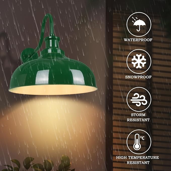 Outdoor Barn Light 14 Inch Dome Rustic Outdoor Wall Sconce Farmhouse Exterior Wall Mount Lighting Fixture Industrial Green Wall Lantern for Porch Entryway Garage RZ007M GR+WH