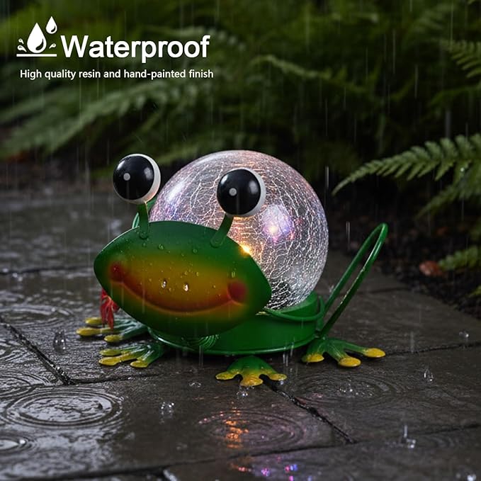 Solar Lights Outdoor Frog Garden Decor with Crackle Glass Globe Lights - Cute Metal Frog Decor for Yard Lawn Patio Porch Pathway Tabletop Housewarming Gifts for Mom Women