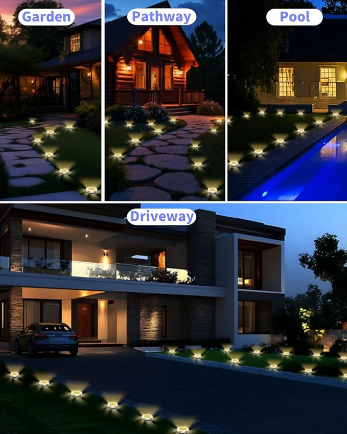 Solar Ground Lights Outdoor 12 Pack Waterproof Upgraded Solar Garden Lights with 4 Side Light Stainless Steel Solar Powered Disc Landscape Light for Walkway Pathway Lawn Yard Patio Deck-Warm White