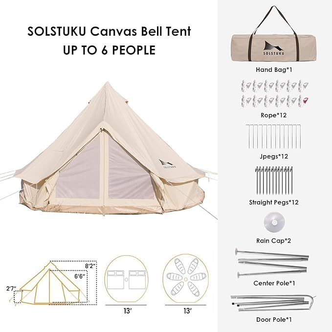 SOLSTUKUCanvas Tent Bell Yurt 4 Seasons for Camping with Stove Jack Breathable Holds up to 6 People Family Camping Outdoor Hunting Party